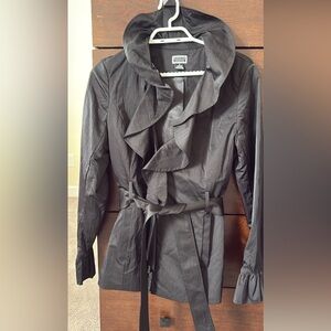 Renuar Black Ruffle-Front Trench Coat with Self-Tie Belt